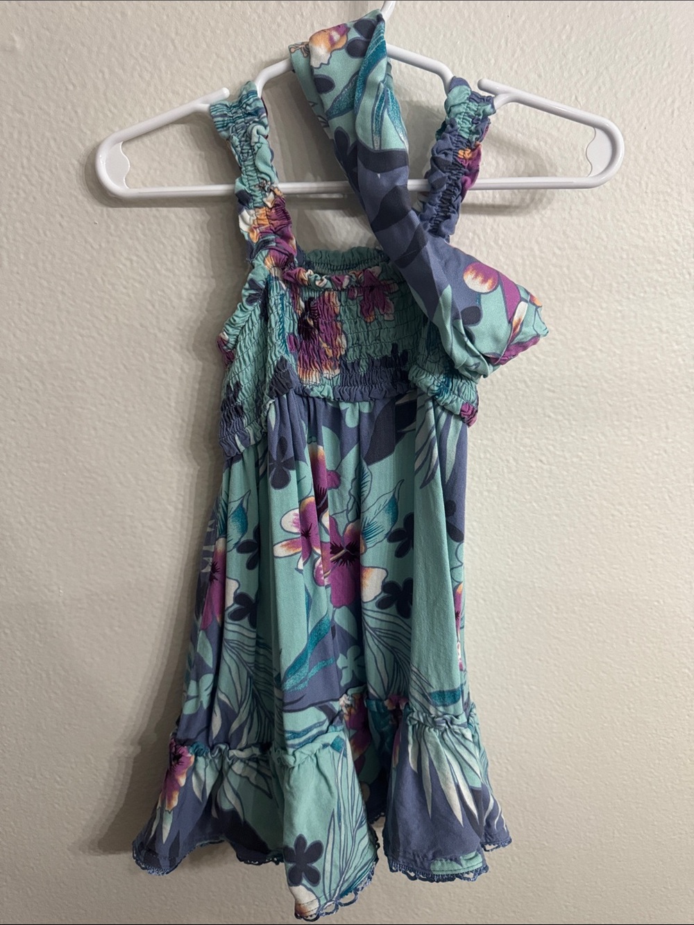 Volcom Girls Floral Smocked Sundress in Aqua and Purple